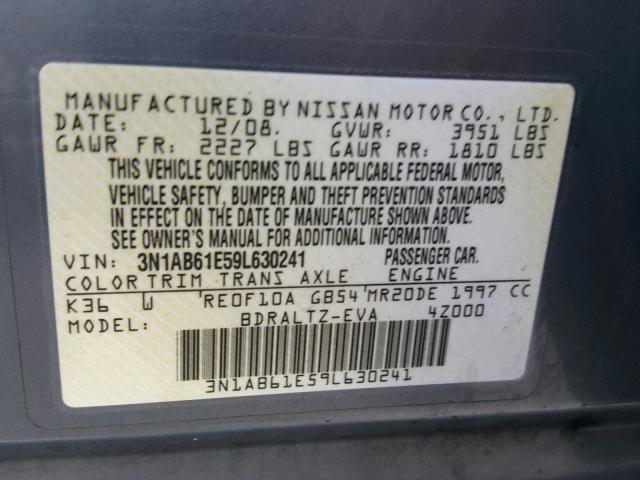 3N1AB61E59L630241 - 2009 NISSAN SENTRA 2.0 GRAY photo 10