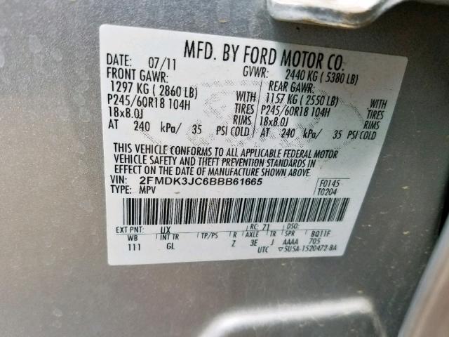 2FMDK3JC6BBB61665 - 2011 FORD EDGE SEL SILVER photo 10