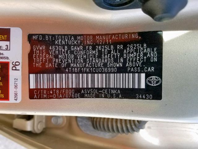 4T1BF1FK1CU036990 - 2012 TOYOTA CAMRY BASE GOLD photo 10