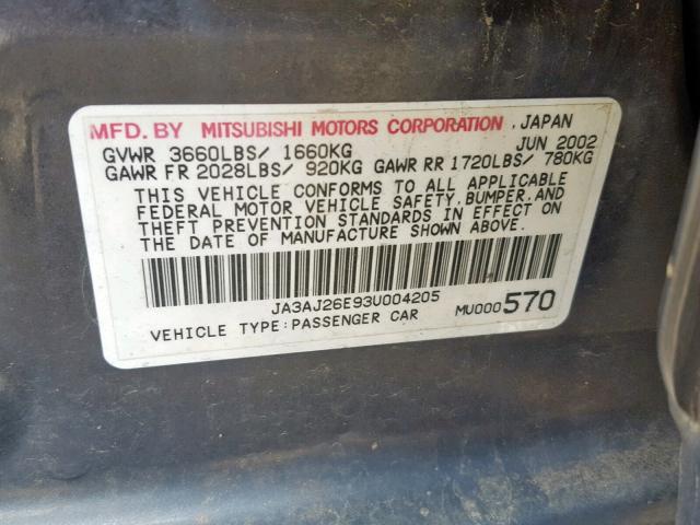 JA3AJ26E93U004205 - 2003 MITSUBISHI LANCER ES GRAY photo 10