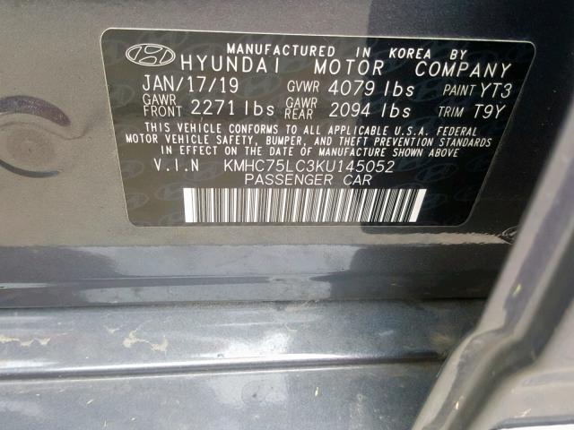 KMHC75LC3KU145052 - 2019 HYUNDAI IONIQ SEL CHARCOAL photo 10