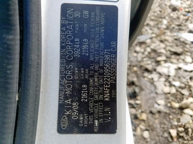 KNAFE221095619871 - 2009 KIA SPECTRA EX SILVER photo 10