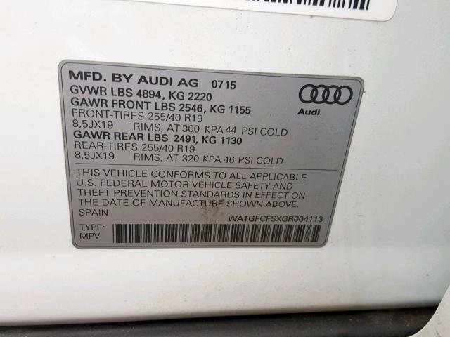 WA1GFCFSXGR004113 - 2016 AUDI Q3 PRESTIG WHITE photo 10