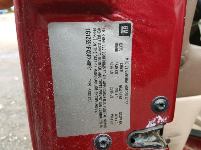 1G1ZS51FX6F298881 - 2006 CHEVROLET MALIBU LS 红色 照片 10