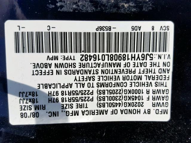 5J6YH18908L016482 - 2008 HONDA ELEMENT SC BLUE photo 10