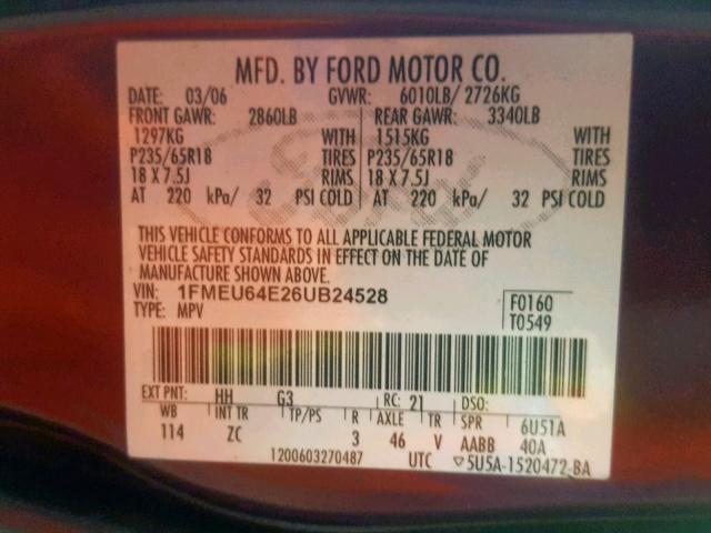 1FMEU64E26UB24528 - 2006 FORD EXPLORER E BURGUNDY photo 10