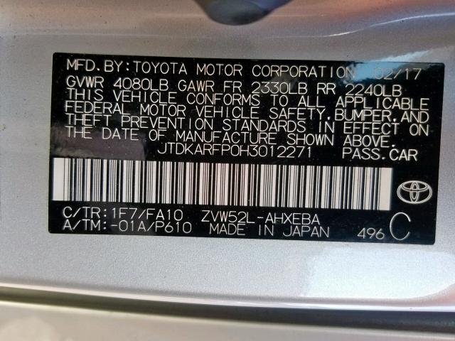 JTDKARFP0H3012271 - 2017 TOYOTA PRIUS PRIM SILVER photo 10