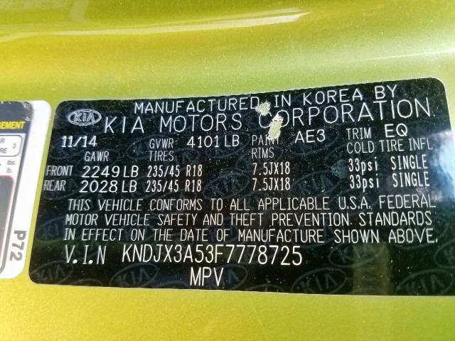 KNDJX3A53F7778725 - 2015 KIA SOUL ! GREEN photo 10