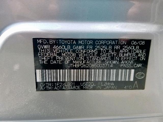 JTHBP262085003714 - 2008 LEXUS IS-F SILVER photo 10