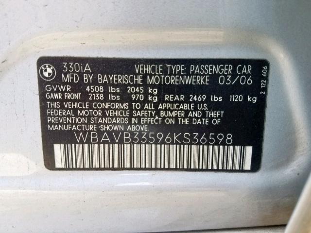 WBAVB33596KS36598 - 2006 BMW 330 I SILVER photo 10