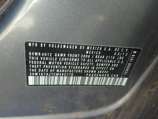 3VW1K7AJ7CM392178 - 2012 VOLKSWAGEN JETTA BASE GRAY photo 10