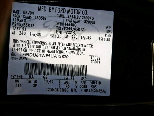 1FMDU64W95UA13820 - 2005 FORD EXPLORER E BLACK photo 10