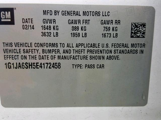 1G1JA6SH5E4172458 - 2014 CHEVROLET SONIC LS WHITE photo 10