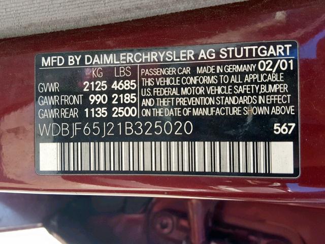 WDBJF65J21B325020 - 2001 MERCEDES-BENZ E 320 MAROON photo 10