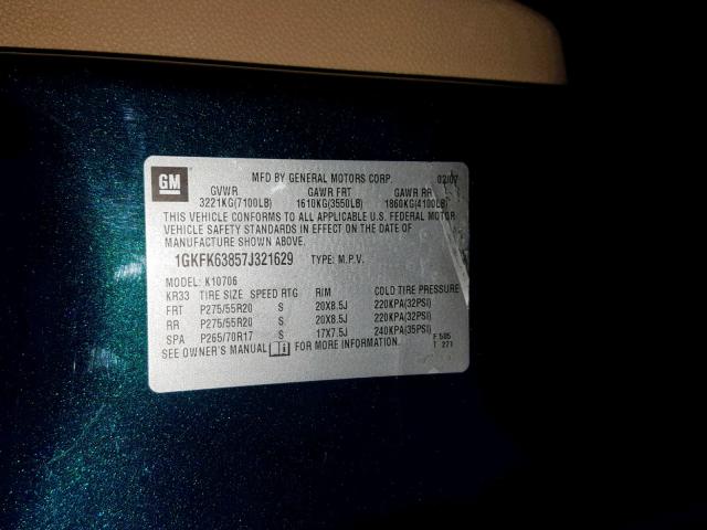 1GKFK63857J321629 - 2007 GMC YUKON DENA BLUE photo 10