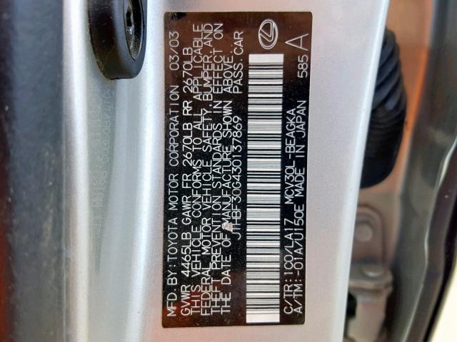 JTHBF30G430137869 - 2003 LEXUS ES 300 SILVER photo 10