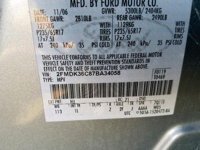 2FMDK36C87BA34058 - 2007 FORD EDGE SE GRAY photo 10