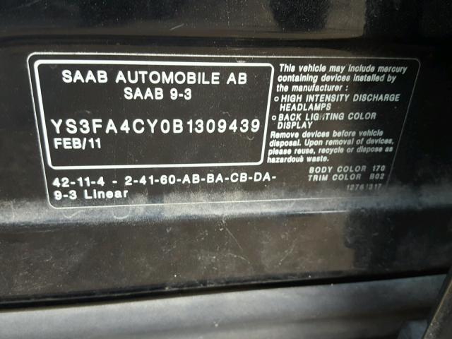 YS3FA4CY0B1309439 - 2011 SAAB 9-3 2.0T BLACK photo 10