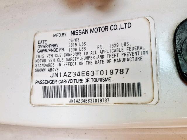 JN1AZ34E63T019787 - 2003 NISSAN 350Z COUPE WHITE photo 10