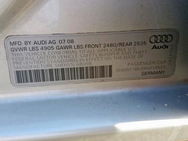 WAUSF78K39N014543 - 2009 AUDI A4 PREMIUM SILVER photo 10