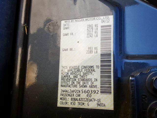 1N4AL2AP2CN560392 - 2012 NISSAN ALTIMA BAS CHARCOAL photo 10