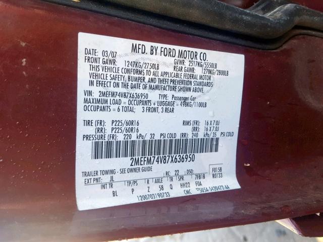 2MEFM74V87X636950 - 2007 MERCURY GRAND MARQ MAROON photo 10