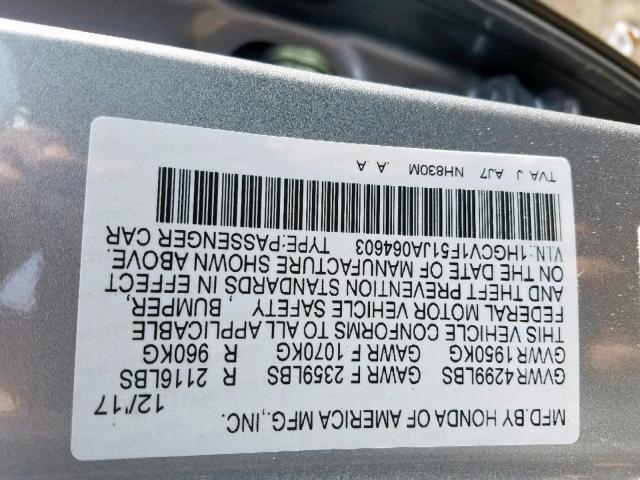 1HGCV1F51JA064603 - 2018 HONDA ACCORD EXL SILVER photo 10