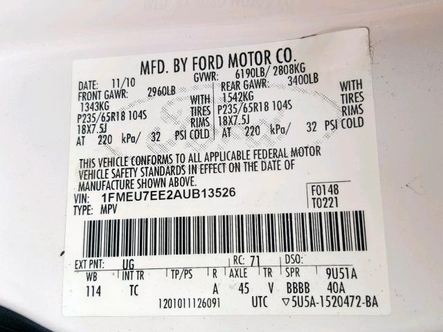 1FMEU7EE2AUB13526 - 2010 FORD EXPLORER E WHITE photo 10