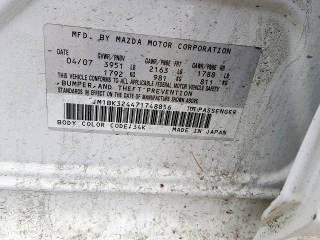 JM1BK324471748856 - 2007 MAZDA 3 S WHITE photo 10