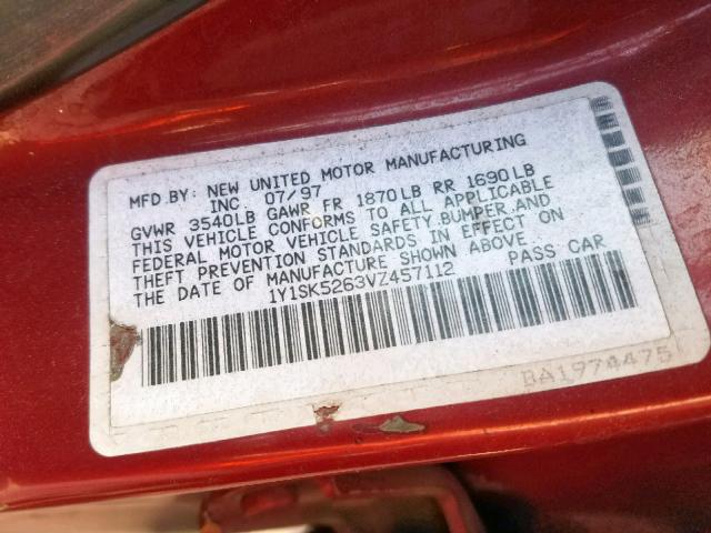 1Y1SK5263VZ457112 - 1997 GEO PRIZM BASE RED photo 10