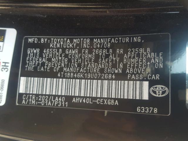 4T1BB46K19U072684 - 2009 TOYOTA CAMRY HYBR BLACK photo 10