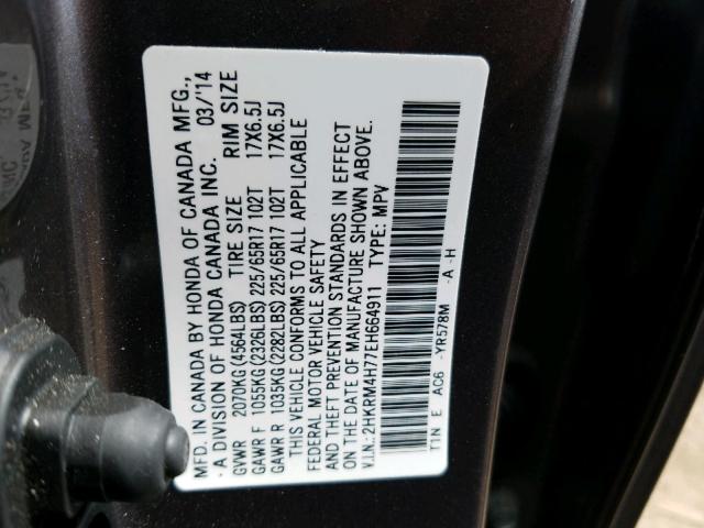 2HKRM4H77EH664911 - 2014 HONDA CR-V EXL GRAY photo 10