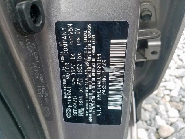 KMHCT4AE0HU381354 - 2017 HYUNDAI ACCENT SE GRAY photo 10