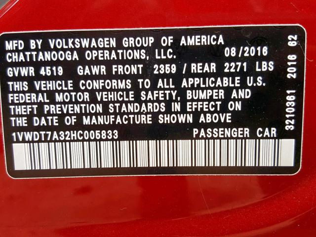 1VWDT7A32HC005833 - 2017 VOLKSWAGEN PASSAT R-L RED photo 10