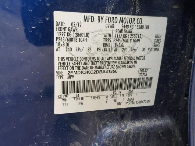 2FMDK3KC2DBA41850 - 2013 FORD EDGE LIMIT BLUE photo 10