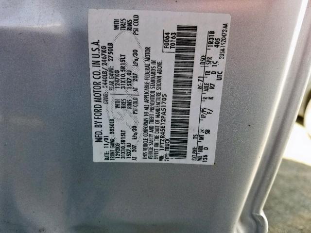 1FTZR45E12PA51705 - 2002 FORD RANGER SUP SILVER photo 10