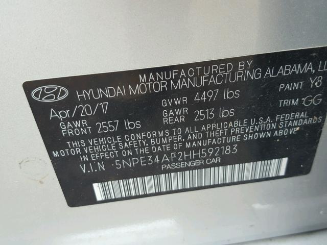 5NPE34AF2HH592183 - 2017 HYUNDAI SONATA SPO SILVER photo 10