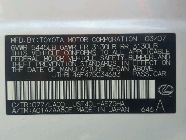 JTHBL46F475034683 - 2007 LEXUS LS 460 WHITE photo 10