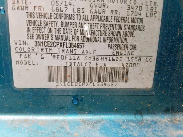 3N1CE2CPXFL354657 - 2015 NISSAN VERSA NOTE BLUE photo 10