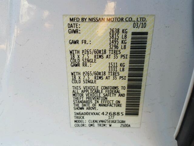 1N6AD0EVXAC426885 - 2010 NISSAN FRONTIER C WHITE photo 10