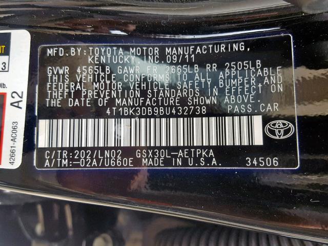 4T1BK3DB9BU432738 - 2011 TOYOTA AVALON BAS BLACK photo 10