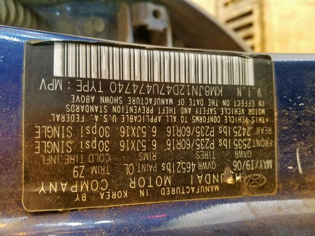 KM8JN12D47U474740 - 2007 HYUNDAI TUCSON SE BLUE photo 10