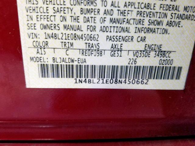 1N4BL21E08N450662 - 2008 NISSAN ALTIMA 3.5 RED photo 10