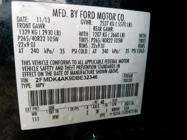 2FMDK4AK9DBE32346 - 2013 FORD EDGE SPORT BLACK photo 10