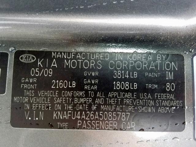 KNAFU4A26A5085787 - 2010 KIA FORTE EX GRAY photo 10