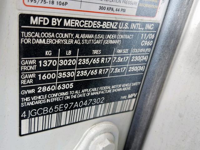 4JGCB65E97A047302 - 2007 MERCEDES-BENZ R 350 WHITE photo 10