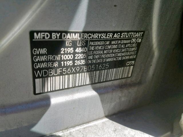 WDBUF56X97B051625 - 2007 MERCEDES-BENZ E 350 SILVER photo 10