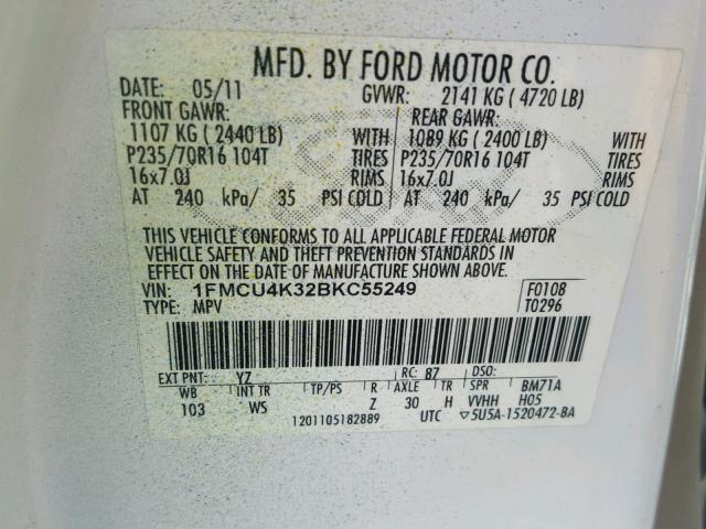 1FMCU4K32BKC55249 - 2011 FORD ESCAPE HYB BLUE photo 10