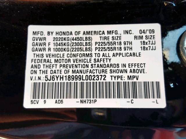 5J6YH18999L002372 - 2009 HONDA ELEMENT SC BLACK photo 10