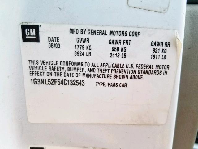 1G3NL52F54C132543 - 2004 OLDSMOBILE ALERO GL WHITE photo 10